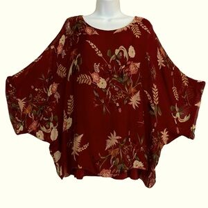 Belle France Maroon Floral Poncho Blouse Size Large Sheer Overlay Relaxed Fit